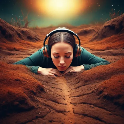 Prompt: Surreal digital art of a person with ears to the ground, earthy textures, vibrant colors, dreamlike atmosphere, high quality, surrealism, earthy tones, listening to earth, surreal, dreamlike, connected to nature, textured ground, vibrant colors, atmospheric lighting