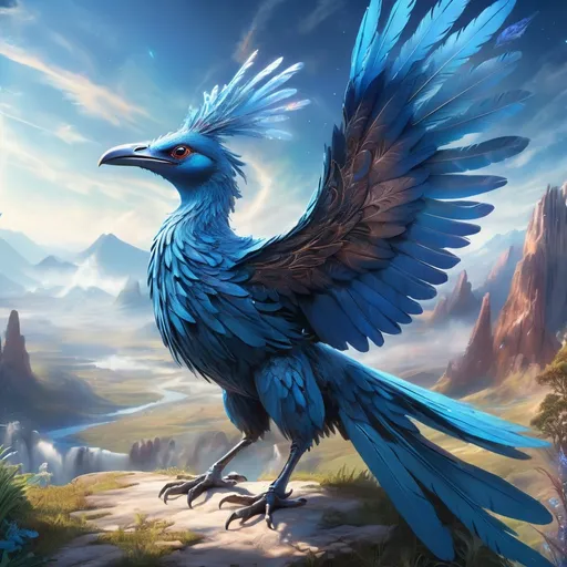 Prompt: Interdimensional bird-like being, realistic highres, detailed feathers, vibrant blue color, Earth scenery, detailed landscape, high-quality rendering, realistic style, atmospheric lighting, interdimensional creature, dimensional rift, intricate details, majestic wings, ethereal presence, intricate feathers, highres, realistic, Earth scenery, vibrant blue color, detailed landscape, atmospheric lighting