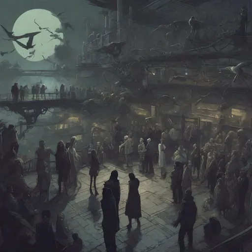 Prompt: A crowd of people in an unspecified open environment doing daily activities and interacting with each other from the bird viewpoint. The style is dark and sci-fi. Tje people are distinct and have varying characteristics some of the characters are of a different speciment. The environment is creepy and haunting with ghouls and spirits and ghosts. Tje environment contains natural elements and mechanical items. The cyberpunk atmosphere and bird view allows the mire characters in the environment to be seen and a dull light surrounded the area. A minimum of 30 distinctive figures are seen and they have distinctive varying color and outfit the characters are easily differentiate and detailed. The are is dimly lit by lighting and haunting colors. Some of the are are bright due to colors of lighting and natural light