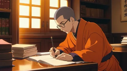 Prompt: 1990s anime screencap, a modern monk guy,writing at a desk, anime scene, vibrant colors, nostalgic atmosphere, warm lighting, detailed office setting, retro technology elements, piles of papers and books, thoughtful expression, deep concentration, high-quality, ultra-detailed, background of a cozy, cluttered room, classic anime style, precise linework, captures the essence of vintage anime, 4K resolution