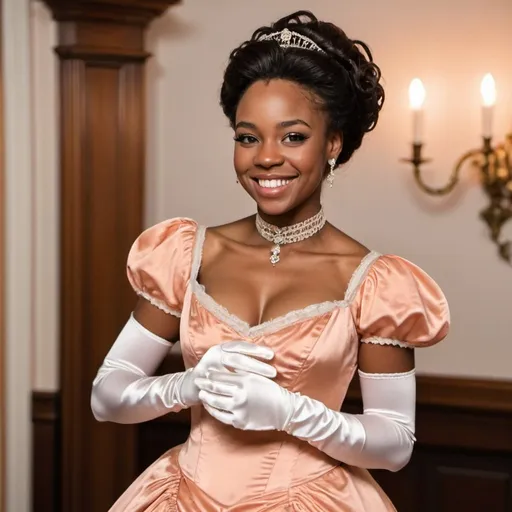Prompt: A beautiful black woman smiling with brown hair upcoming, wearing a peach regency dress with white long satin gloves in a Victorian ballroom 