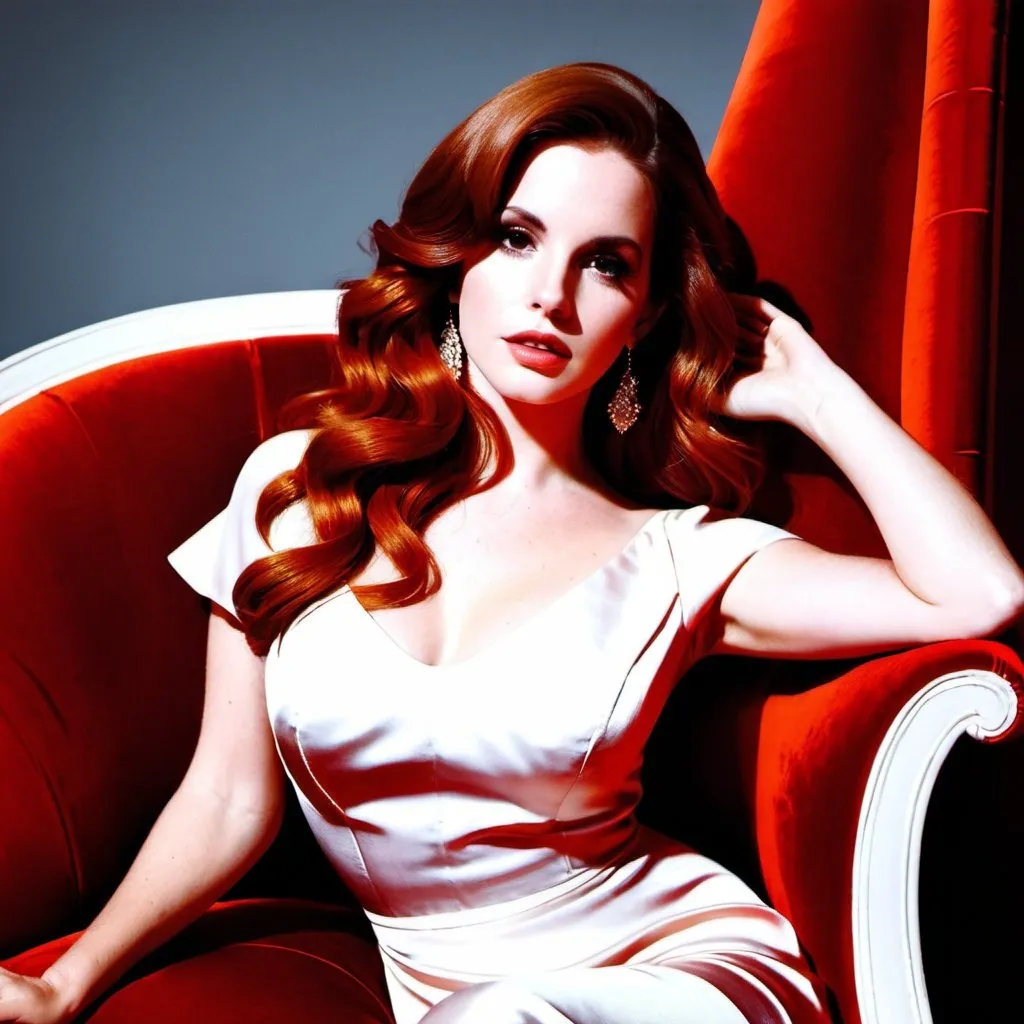 Prompt: Lana del Rey with orange wavy hair sitting in a red chaise wearing a white silk dress posing charmingly 