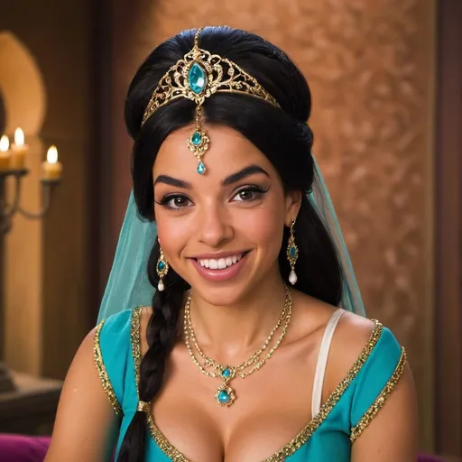 Prompt: Jasmine as sultana smirking and flirting 