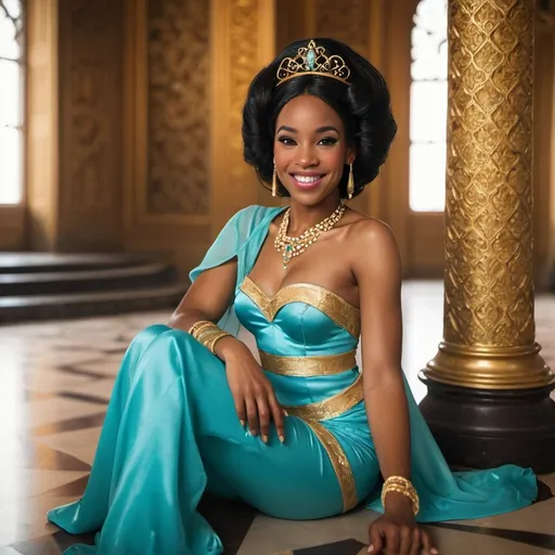 Prompt: Beautiful black woman dressed as Jasmine smiling sitting in the palace 