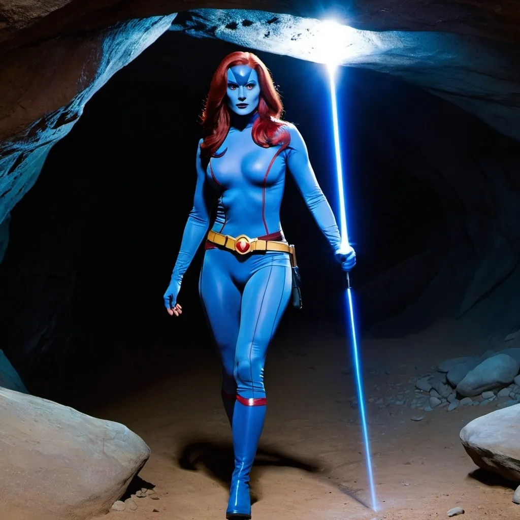 Prompt: xmen mystique talking and walking in an cave with a flashlight 