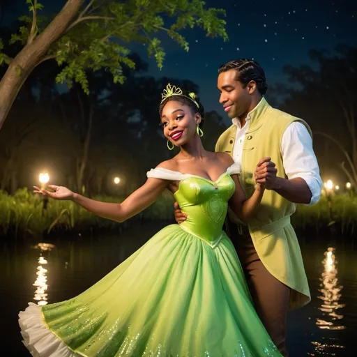 Prompt: Beautiful black woman dressed as Tiana dancing with Naveen in the bayou at night 