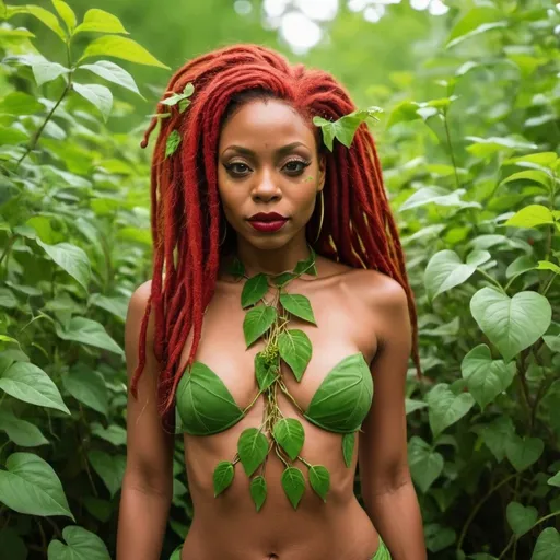 Prompt: Black woman as poison ivy red locs with plant stems on her body