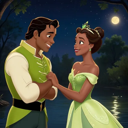 Prompt: Princess Tiana with Prince Naveen in the bayou water bare at night looking at each other lovingly 