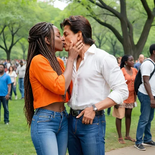 Prompt: Shahrukh Khan in a white blouse, blue jeans eyes closed happily kissing the forehead of an African woman with Senegalese twists wearing an orange crop top and blue denim jeans in Central Park 