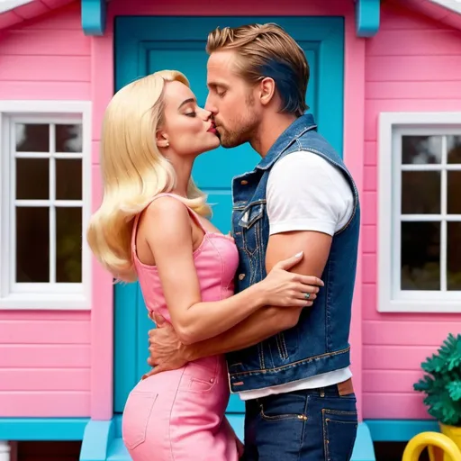 Prompt: Margot Robbie wearing a pink tube dress and Ryan Gosling wear an open blue denim vest and blue denim jeans intensely kissing in front of Barbie dream house 