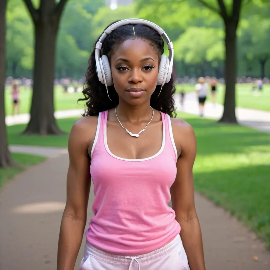 Prompt: Beautiful black woman in a pink tank top and white sweatpants listening to music on her silver headphones at Central Park 