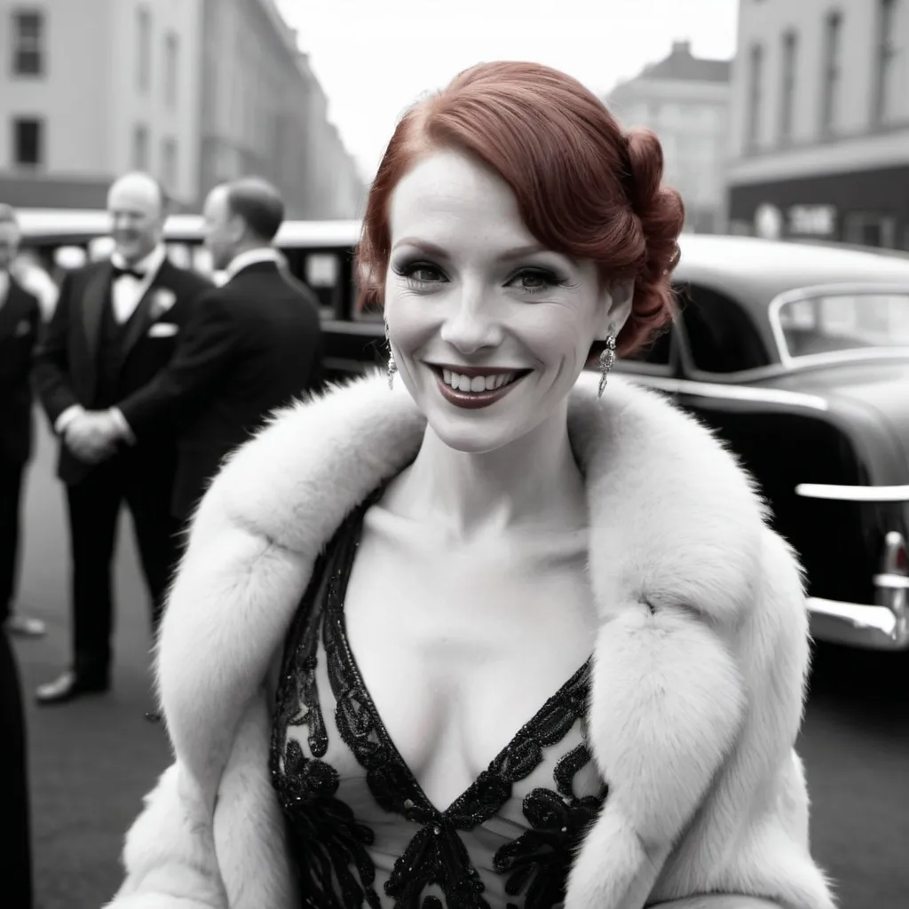 Prompt: Glamorous redhead woman smiling wearing a 20’s style dress and red fur coat with a 20’s hairstyle on the red carpet in front of a limousine in black and white 