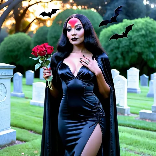 Prompt: Hyper feminine beautiful Black woman dressed as Morticia Addams holding a rose wearing long silky black dress in a cemetery and a group of bats flying in background 