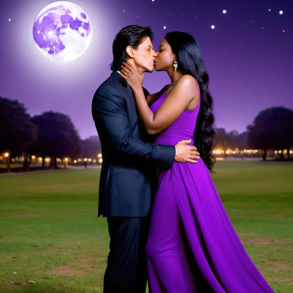 Prompt: Shahrukh Khan lovingly kissing a beautiful black woman with long black hair in a purple maxi dress in park at night on a full moon