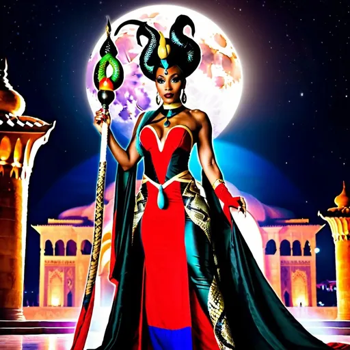 Prompt: A beautiful black woman dressed as Jafar with a snake staff in the palace at night full moon