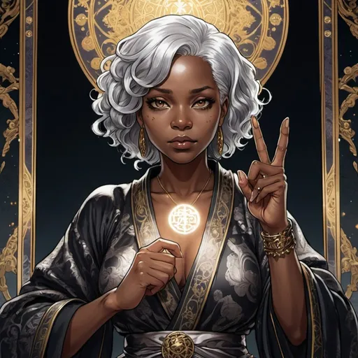 Prompt: tarot card Anime illustration, a silver-haired black woman, detailed ornate cloth robe, dramatic lighting showing middle finger 