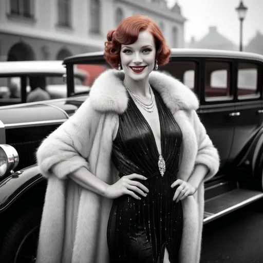 Prompt: Glamorous redhead woman smiling wearing a 20’s style dress and red fur coat with a 20’s hairstyle on the red carpet in front of a limousine in black and white 