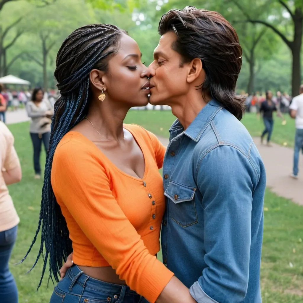 Prompt: Shahrukh Khan in a white blouse, blue jeans eyes closed happily kissing the forehead of an African woman with Senegalese twists wearing an orange crop top and blue denim jeans in Central Park 