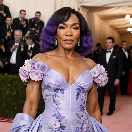 Prompt: Angela Bassett at the MET GALA red carpet posing wearing periwinkle lilac flower inspired dress
