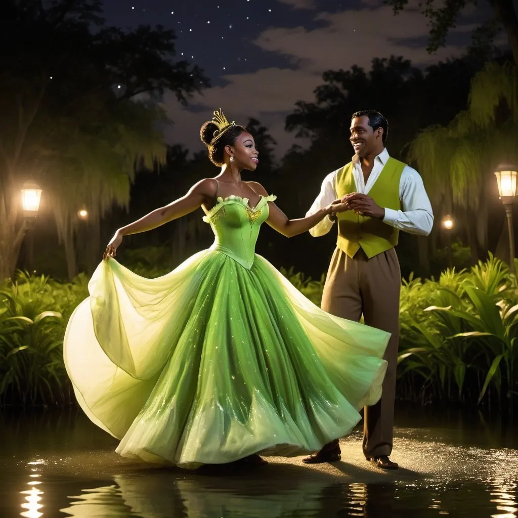 Prompt: Beautiful black woman dressed as Tiana dancing with Naveen in the bayou at night 