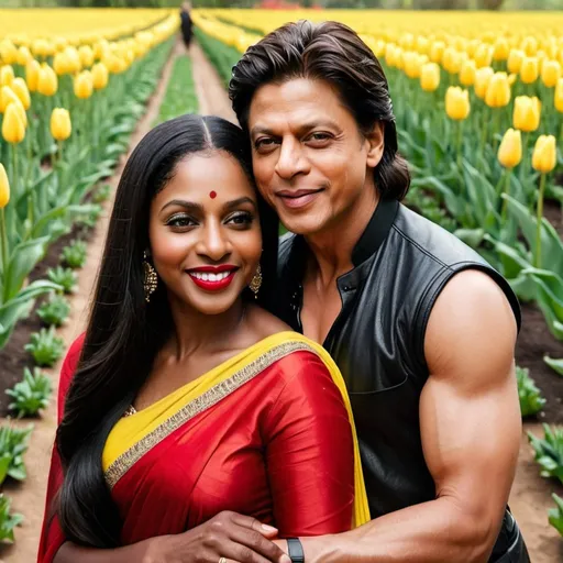 Prompt: Shahrukh Khan lovingly holding a beautiful dark skin black woman smiling coyly with long black hair in a red sari in a yellow tulip filled garden.