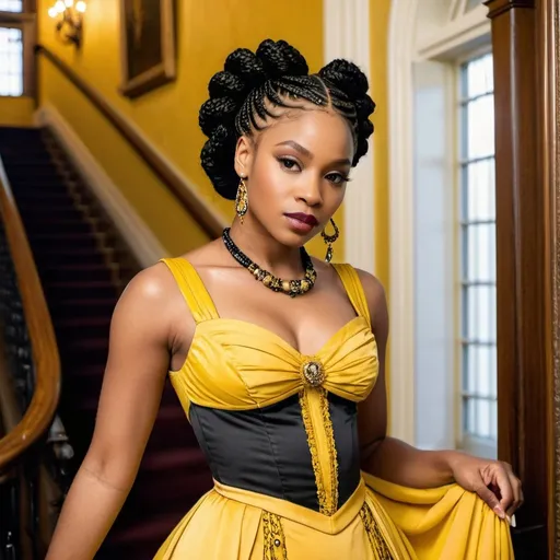 Prompt: A beautiful black woman with black braided Grecian hair wearing a yellow Victorian dress in a Victorian foyer