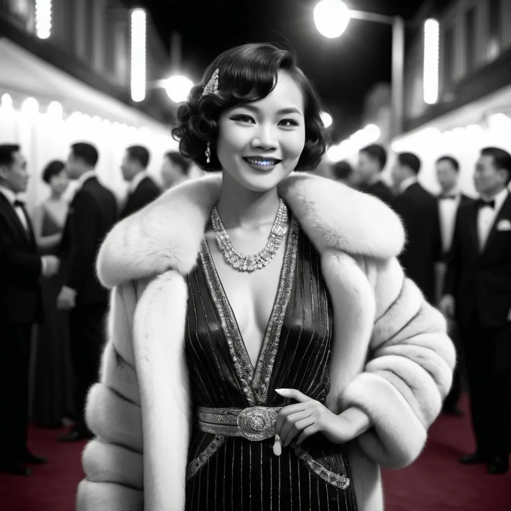 Prompt: Glamorous Asian woman smiling wearing a 20’s style dress and fur coat with a 20’s hairstyle walking on the red carpet in black and white 