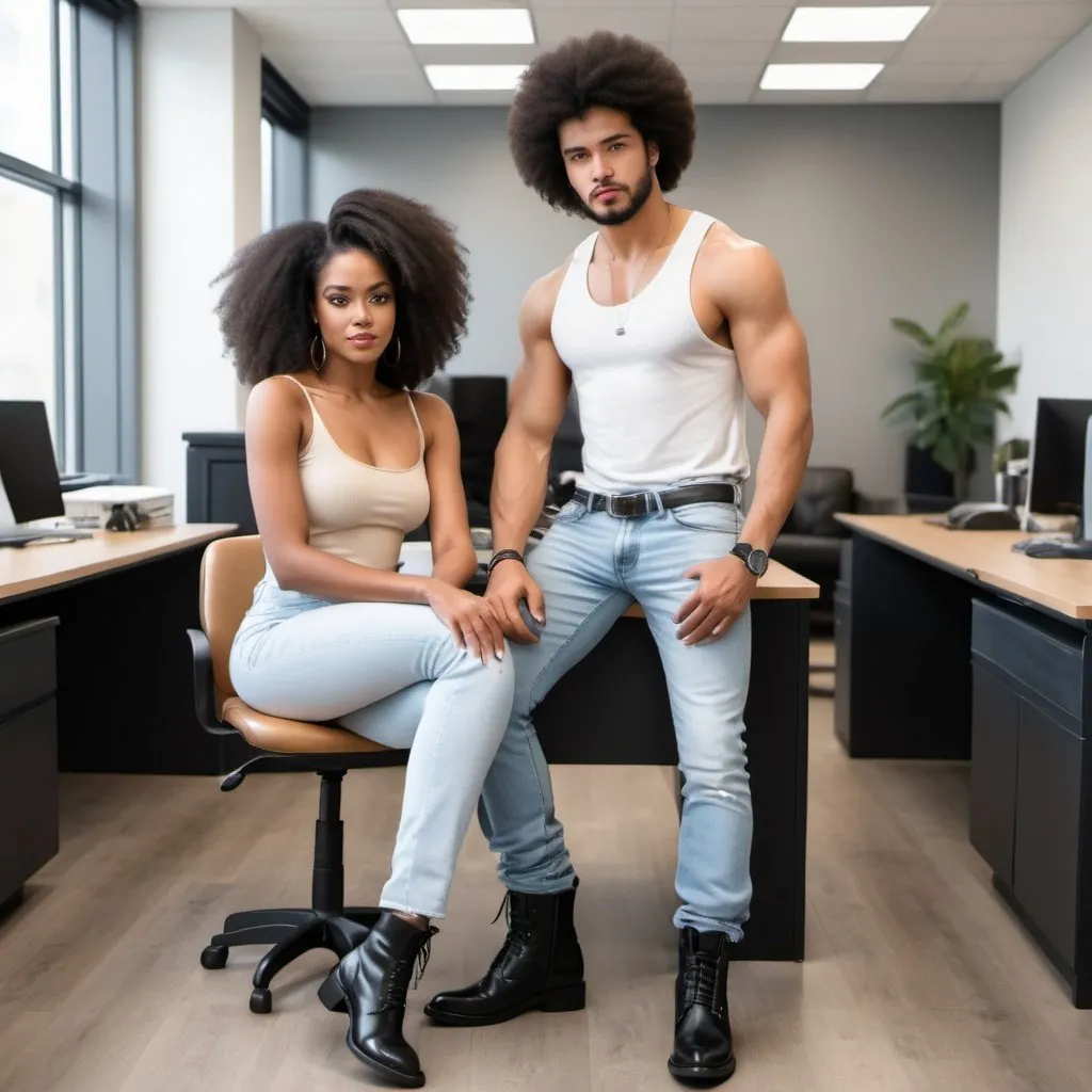 Prompt: Beautiful black woman with an Afro in a white tank top, denim jeans and black biker boots with a Handsome Latino man with slick hair in beige tailored suit with suede shoes in an office 