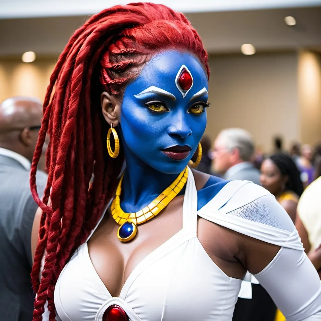 Prompt: Beautiful black woman  cosplaying as mystique with red locs and yellow eyes wearing a white dress at a convention 