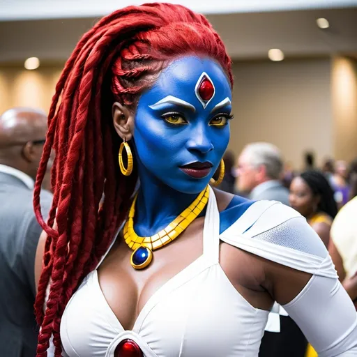 Prompt: Beautiful black woman  cosplaying as mystique with red locs and yellow eyes wearing a white dress at a convention 