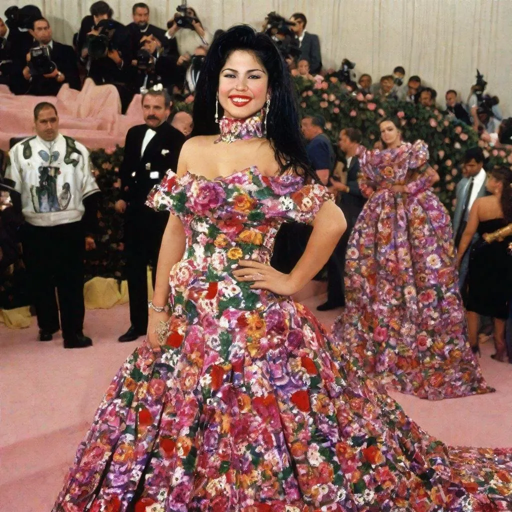 Prompt: Selena Quintanilla posing in a Mexican inspired flower dress on the MET GALA red carpet 