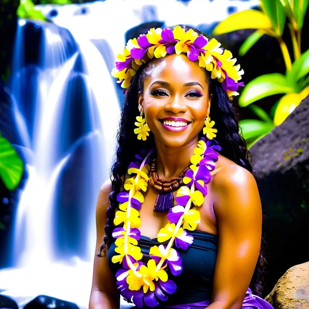 Prompt: Beautiful black woman smiling, eye winks and poses with purple and yellow leis chest out and hula laying attractively on a rock in front of a Hawaiian waterfall 