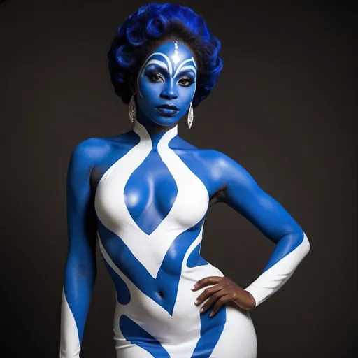 Prompt: Beautiful black woman in blue body paint in white mod dress as mystique