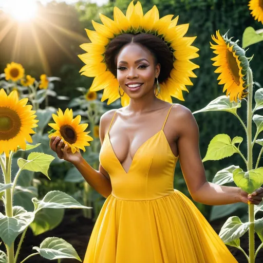 Prompt: Beautiful black woman as a fairy wearing a yellow dress, conjuring a huge sunflower in a garden 