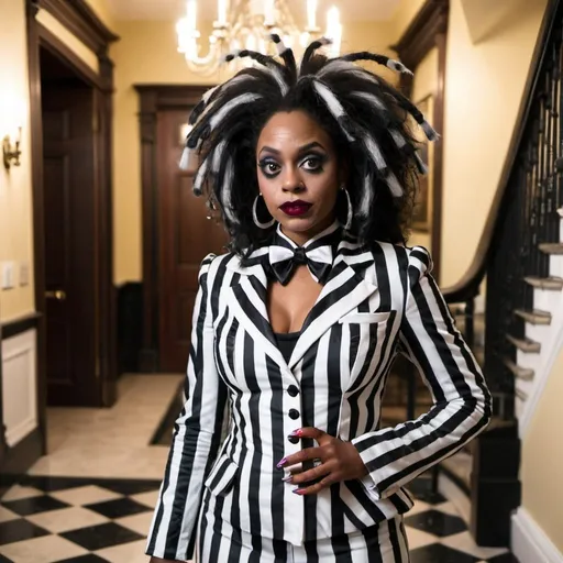 Prompt: Beautiful black woman dressed as beetlejuice in a mansion foyer