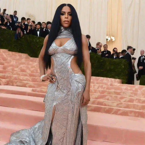 Prompt: Aaliyah posing wearing a Hollywood Glam inspired dress at the MET GALA 