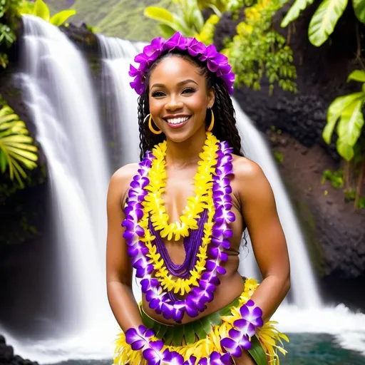 Prompt: Beautiful black woman smiling, eye winks and poses with purple and yellow leis chest out and hula in front of a Hawaiian waterfall 