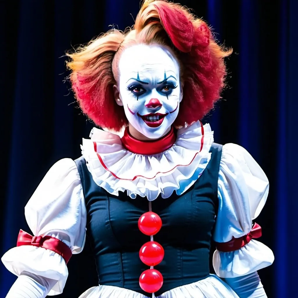 Prompt: Beautiful black woman dressed as pennywise smirking on stage fanning herself 