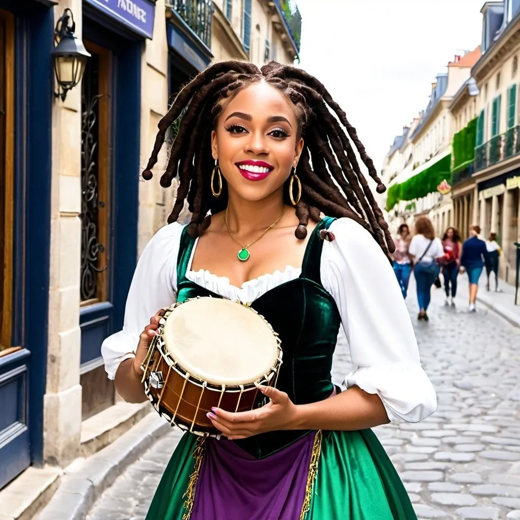 Prompt: A beautiful black woman with locs dressed as Esmeralda from Disney the hunchback of notre dame at a French sidewalk playing a tambourine 