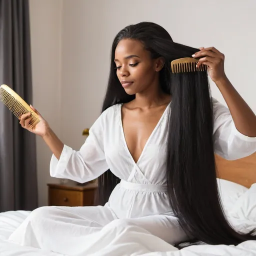Prompt: Beautiful black woman combing her very long hair with a golden comb dressed as Jasmine on her bed