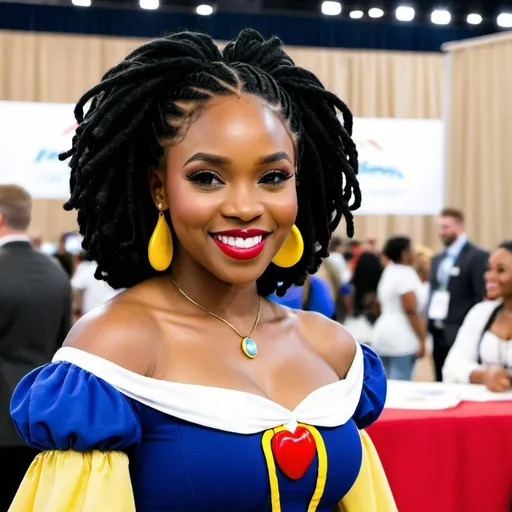 Prompt: Beautiful black woman dressed as Snow White with locs at a fan convention smiling 