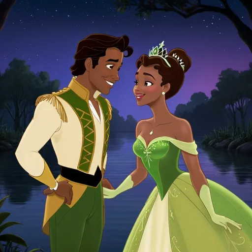 Prompt: Princess Tiana with Prince Naveen in the bayou water bare at night looking at each other lovingly 