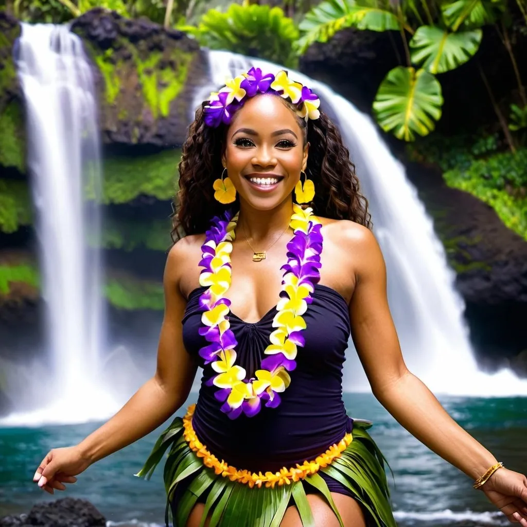 Prompt: Beautiful black woman smiling, eye winks and poses with purple and yellow leis chest out and hula in front of a Hawaiian waterfall 