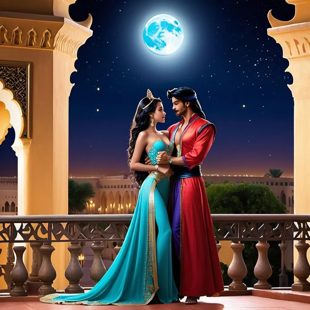 Prompt: <mymodel> Jasmine dancing and flirting with Jafar  Realistic on palace balcony at night full moon real life 