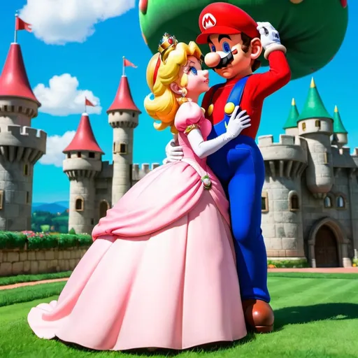 Prompt: Mario happily kissing Princess Peach in front of her castle 