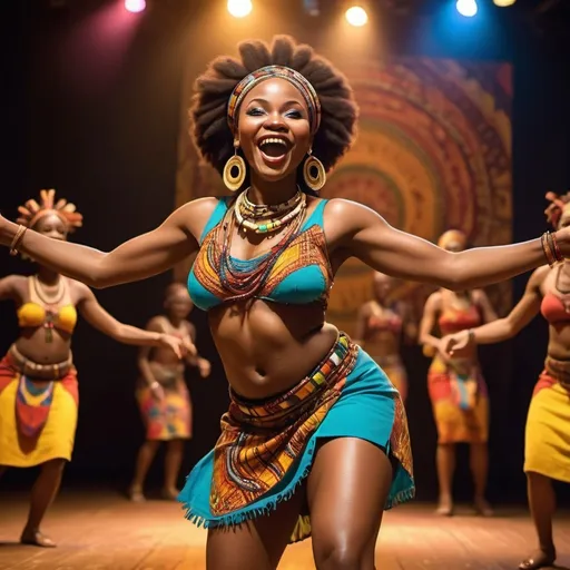 Prompt: Beautiful African lady happily dancing in tribal clothing on stage 