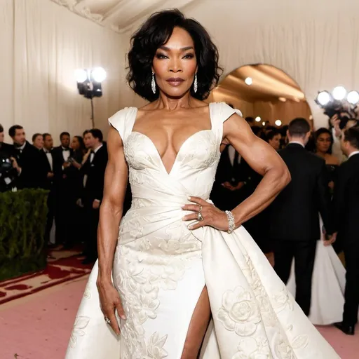 Prompt: Angela Bassett at the MET GALA red carpet posing wearing gardenia inspired dress
