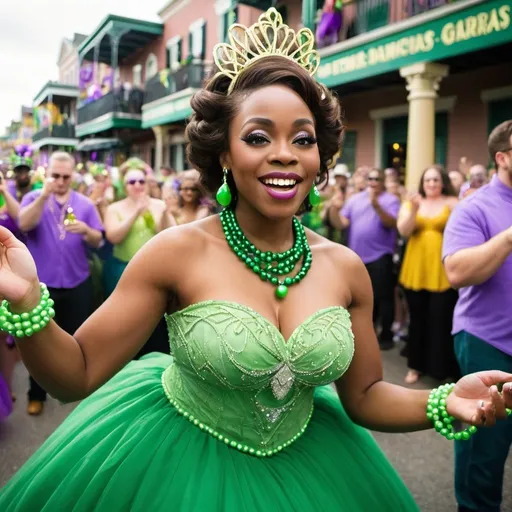 Prompt: Beautiful black woman dressed as Tiana dancing in her green wedding dress at Mardi Gras holding beads