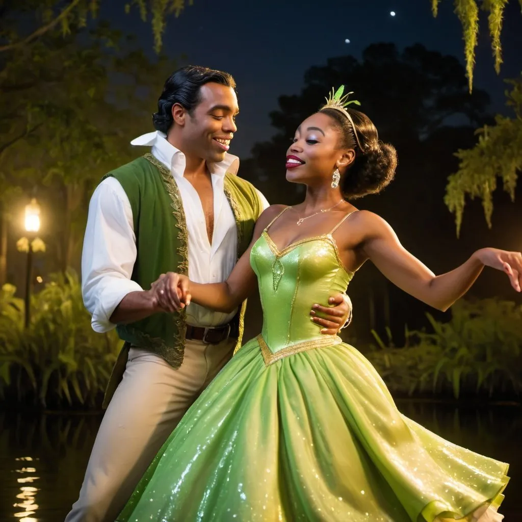 Prompt: Beautiful black woman dressed as Tiana dancing with Naveen in the bayou at night 