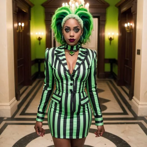 Prompt: Beautiful black woman  with green hair dressed as beetlejuice in a mansion foyer